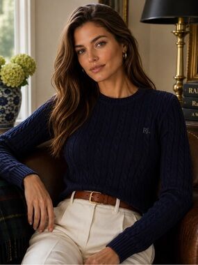 Lauren Ralph Lauren Navy Cable Knit Sweater S 100% Cotton RL Logo Old Money Fall
